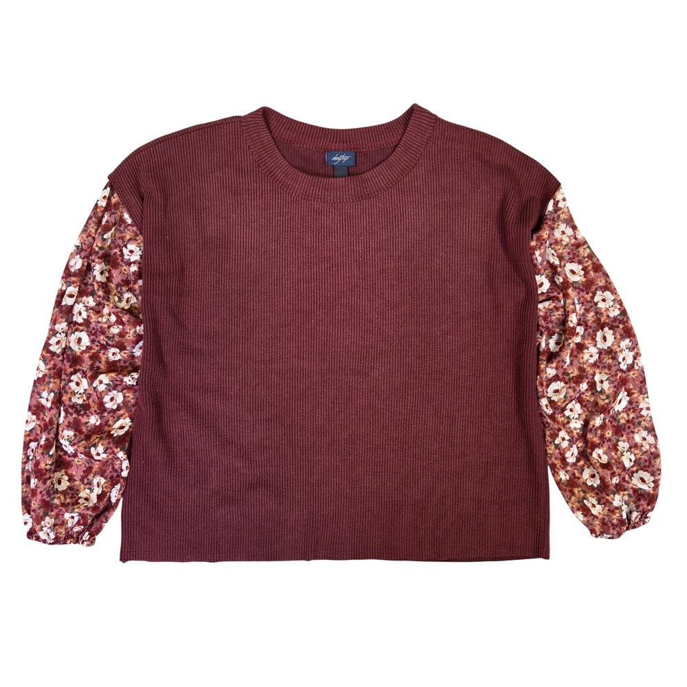 Daytrip Womens Burgundy Ribbed Mixed Media Floral Balloon Sleeve Top Large Boho